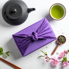 紫の風呂敷で包んだ和の贈り物と緑茶を添えた卓上の俯瞰 敬老の日やお礼のギフト 片側に余白