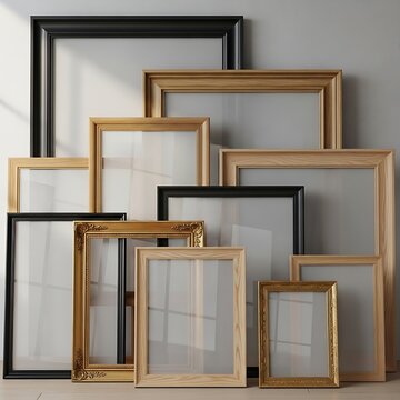 A collection of empty picture frames in various sizes and colors