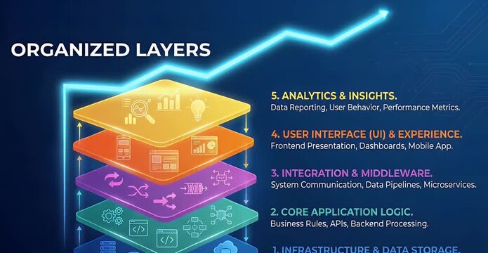 Organized layers diagram illustrating data analytics, user experience, and system integration.
