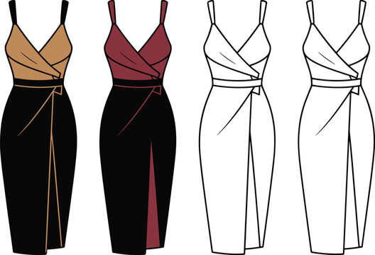 Technical flat fashion sketch of a women's midi wrap dress with v-neck and spaghetti straps for apparel design templates