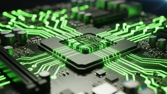 Computer processor on circuit board with green glowing data.