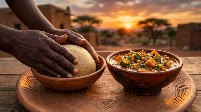 Traditional african hands holding fufu with vegetable stew on wooden table at sunset outdoors