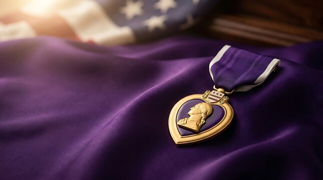 Purple Heart Military Medal on Purple Silk Background with US Flag