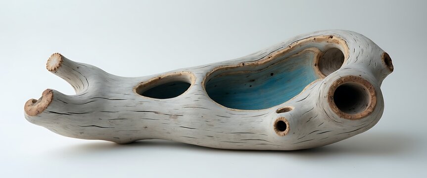 Abstract sculpture from natural wood with blue interior.