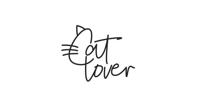 Cat Lover cursive handwriting text reveal animation with cat face illustration in lettering, white background portrait 9:16 4K, black ink script for pet lovers and social media stories