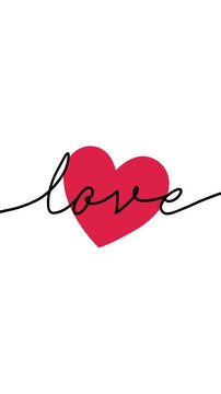 Love continuous one line cursive text animation with red heart illustration, black ink script on white background, portrait 9:16 4K, romantic motion graphic for Valentine and wedding content