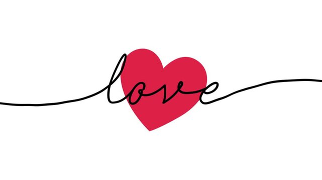 Love continuous one line cursive text animation with red heart illustration, black ink script on white background, romantic motion graphic for Valentine and wedding content