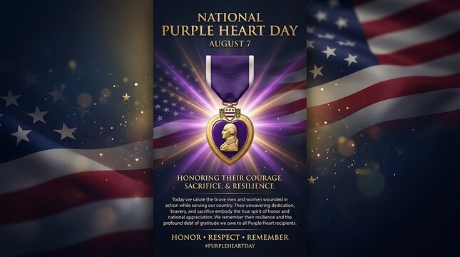 National Purple Heart Day Commemorative Graphic with American Flag