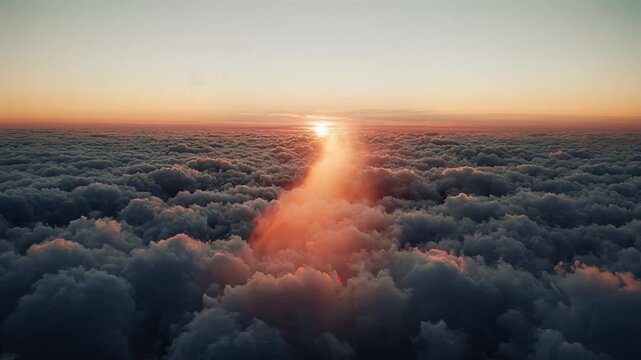 Overhead aerial drone shot, serene cloudscape above ocean of clouds at golden hour sunset, warm orange glow, dynamic light rays, symbolizing peace, aspiration