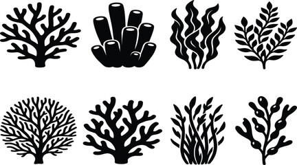  Marine Underwater Coral Reef and Seaweed Silhouette Icon Set Featuring Tube Sponge Kelp Brain Coral and Aquatic Plant Elements for Ocean Ecosystem Designs © AnjueManAra