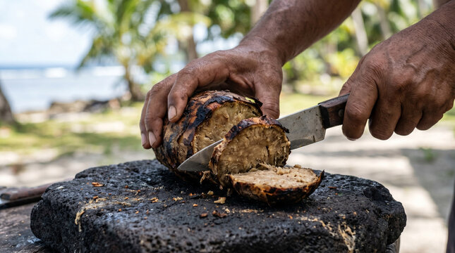 Man cutting a piece of roasted breadfruit with a knife on a stone in tropical setting