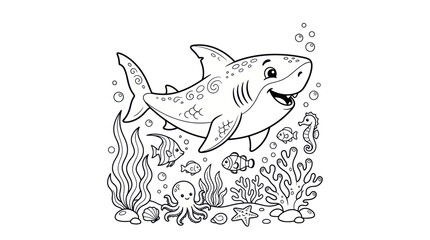 Cute Cartoon Shark and Underwater Friends Coloring Page © Aziz