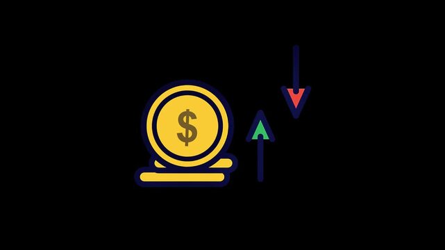 Spinning gold coin stack with rising and falling arrows