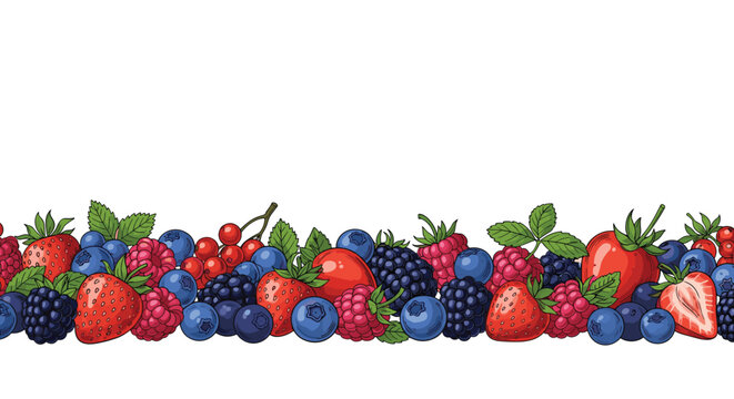 Vibrant border of mixed berries including strawberries, blueberries, raspberries, blackberries, and red currants on a clean white background.