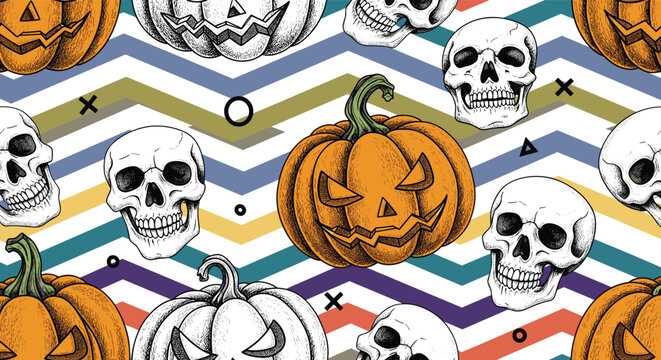 Seamless Halloween pattern featuring spooky orange jack o lanterns and white human skulls on a colorful zigzag chevron background design.