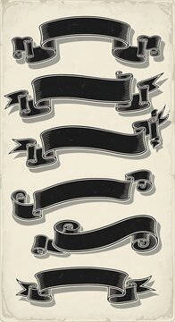 A collection of five black ribbons with ornate ends on a beige background