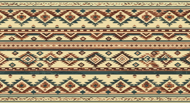 Seamless tribal ethnic pattern with geometric shapes in brown, beige, and blue tones in a traditional southwestern or aztec textile style.