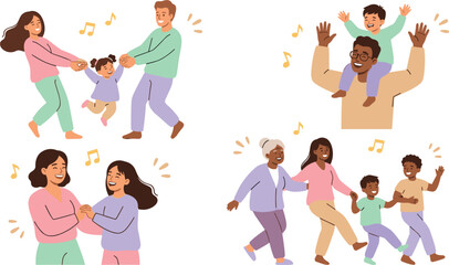 Fototapeta premium Happy Diverse Families Dancing and Listening to Music Vector Character Set Featuring Parents, Children, and Grandparents Enjoying Quality Time and Celebrating Together