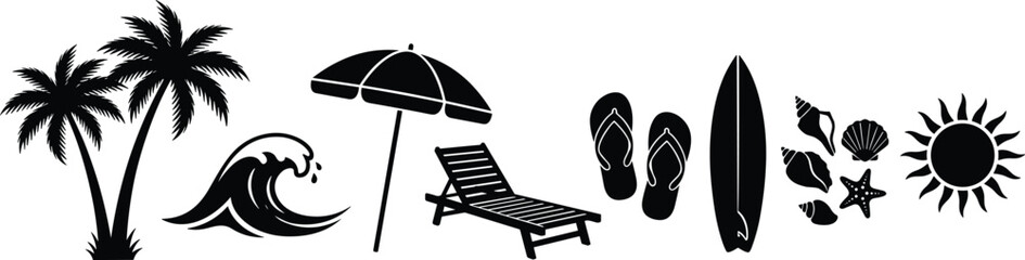Fototapeta premium Black and white summer beach icons set featuring palm trees, wave, umbrella, surfboard, flip flops, and sun
