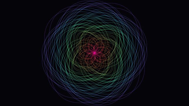 Colorful neon spiral curves forming a glowing mandala pattern on black background