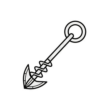 Grappling hook icon, cartoon style a metal tool with a sharp, pointed end and a spiral shaft, designed for climbing or securing items, represented as a simple line art illustration