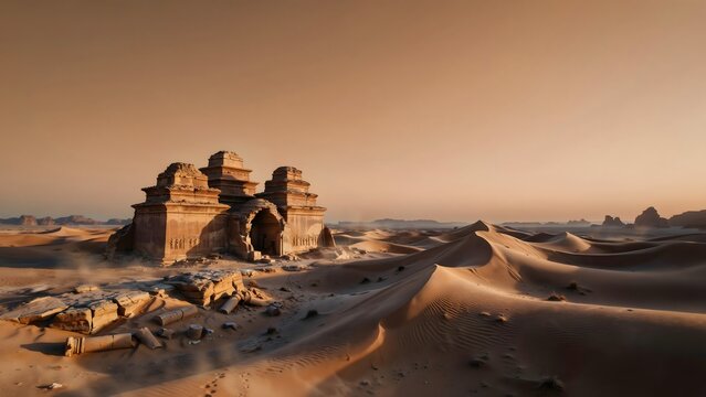 Ancient stone fortress partially buried in sandy desert with dunes at sunset