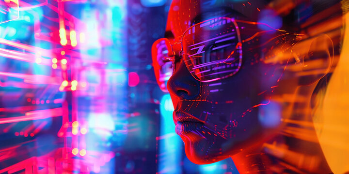 Reflective Gaze in a Neon Digital World: A Futuristic AI Concept