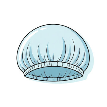Cartoon illustration of a blue shower cap, a protective head covering used to keep hair dry while bathing or showering, isolated on white background