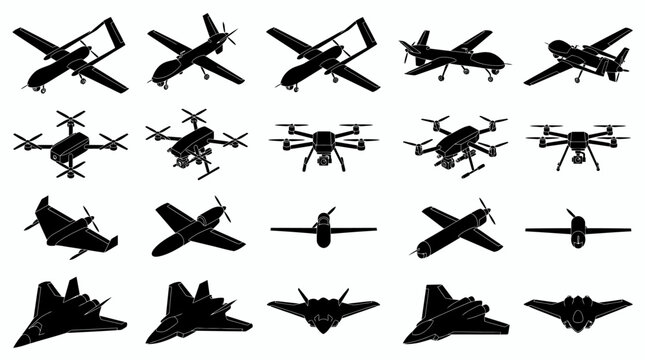 Isometric military drone silhouette collection, UAV and stealth fighter jet icons set