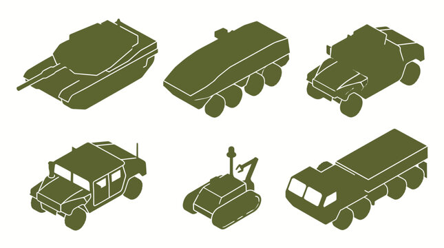 Isometric military vehicles vector silhouettes pack. Armored warfare tank, APC transport, tactical SUV, army truck, and unmanned ground vehicle robot isolated on white background