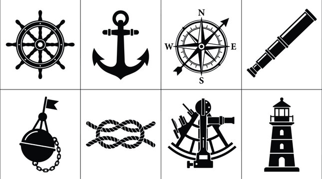 Nautical icon set featuring black maritime silhouettes including anchor ship wheel compass and lighthouse vector icons
