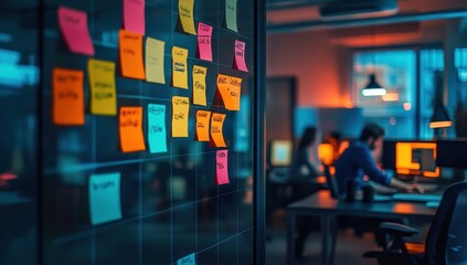 Obraz premium Vibrant Sticky Notes on Glass Wall in Blue Orange Lit Office