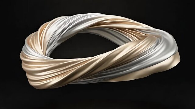 A continuous twisted ring of metallic gold and silver ribbons rotating on a dark background