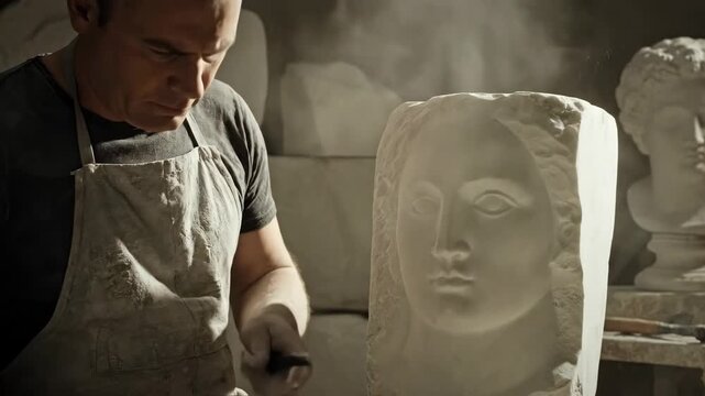 Skilled artisan meticulously carves marble bust in a dusty workshop