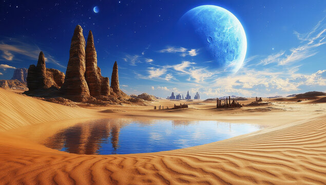Futuristic Alien Planet Landscape with Sand Dunes, Oasis, and Distant Sky