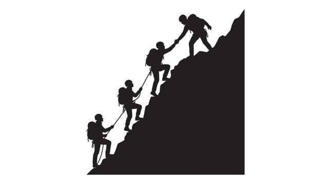 Climbers Helping Each Other Up A Mountain Black Silhouette