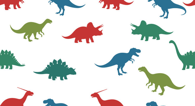 Seamless pattern with silhouettes of different dinosaurs in red blue and green colors on a white background.