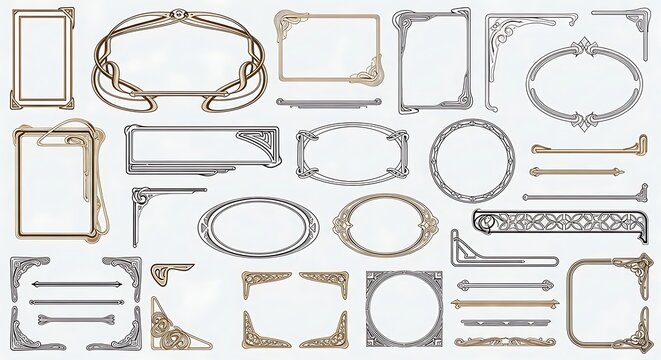 A collection of 20 ornate, empty picture frames in various shapes, sizes, and metallic gold and silver finishes, arranged in four rows on a plain white background