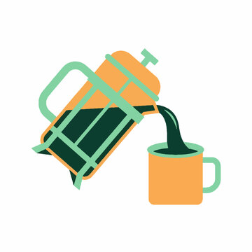 Stylized vector illustration of a French press pouring hot coffee into a mug.