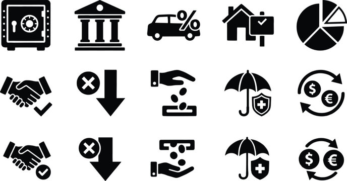 Business icon pack showing safe vaults bank structures car loans property keys handshake agreement and charts.