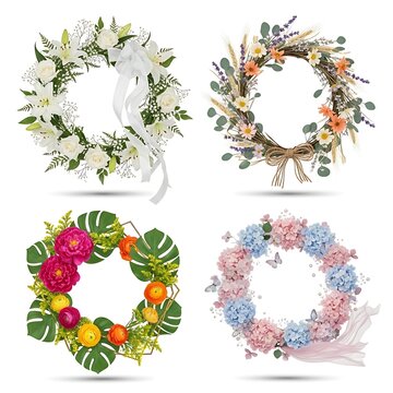 A collection of four floral wreaths with varying flowers and foliage