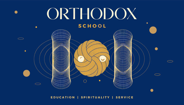Modern Orthodox School logo with golden woven orb and stylized cylindrical structures on a deep blue background, emphasizing education, spirituality, and service.