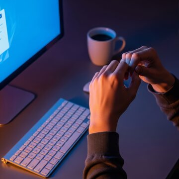 Office desk scene featuring hands rubbing tired eyes near a bright computer screen, highlighting workplace stress and excessive work hours, technology, overtime, keyboard