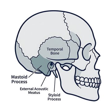 Labeled diagram of human skull side view with bone structures.