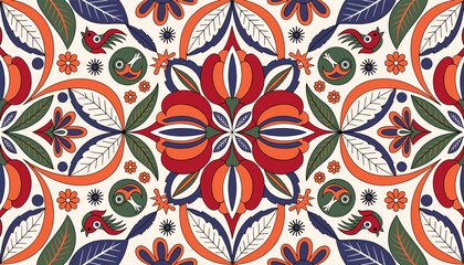Vibrant symmetrical folk art pattern featuring stylized red tulips, orange leaves, blue floral motifs, and green birds on a cream background, creating a rich decorative design. © ejalani