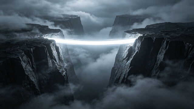 Minimalist Bridge of Pure Light Connecting Two Steep Cliffs over Misty Gorge