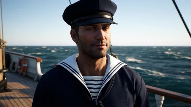 Confident Sailor Man on Ship Deck Looking at Ocean Horizon Under Clear Sky