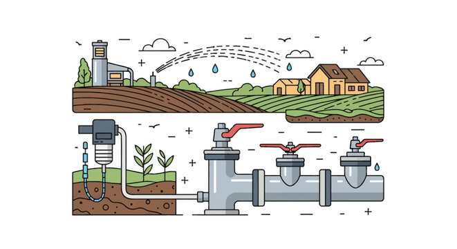 Flat vector illustration of a smart agricultural irrigation system featuring field sprinklers, farmhouse, underground pipes, control valves, and soil moisture sensors for precision farming.