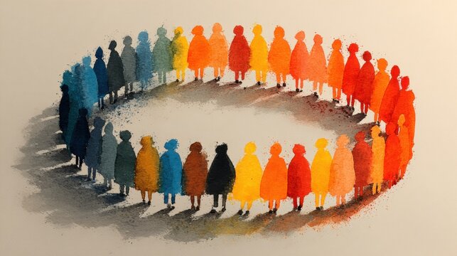 Abstract watercolor illustration of a diverse group of people forming a circle symbolizing recruitment and talent acquisition strategies