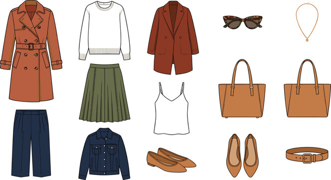 Women Casual Autumn Capsule Wardrobe Vector Set Featuring Trench Coat Pleated Skirt Denim Jacket Blazer Cami Top Sweater Trousers Tote Bag Flats and Fashion Accessories